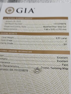 .91CT GIA Certified Pear Step Cut Loose Diamond J Color SI1 Clarity